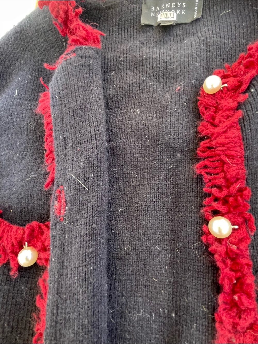 Barneys New York 100% Cashmere Cardigan XS Italy Black Red Fringe Pearl Y2K - Picture 5 of 9